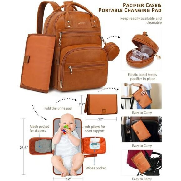 Vegan Leather Diaper Bag Backpack Baby Travel Organizer with Changing Pad - Picture 4 of 7